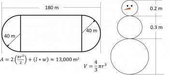 Diagram of a field and a snowman with mathmatical formulas