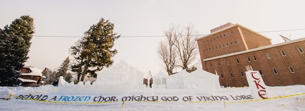 Tau Kappa Epsilon's massive snow statue was the overall winner of the 2018 month-long statue competition at Michigan Tech's Winter Carnival