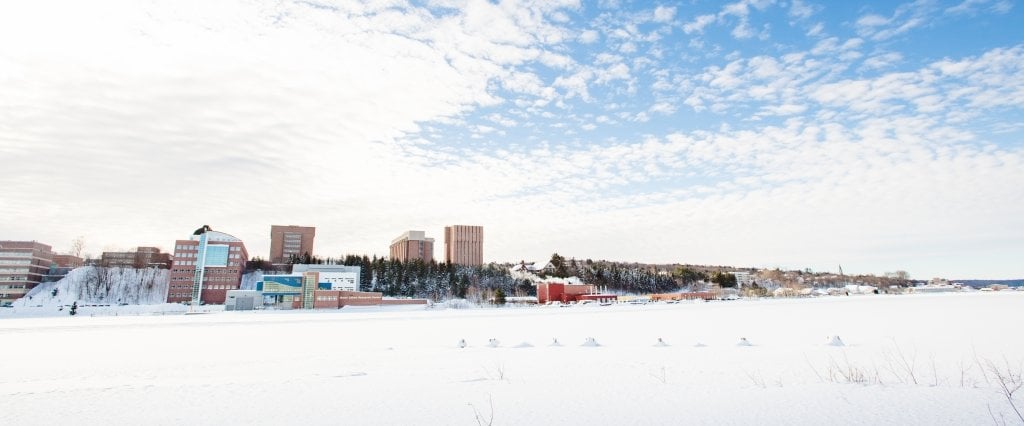 Michigan Tech campus in winter from across the Portage Canal 