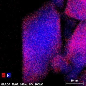 X-ray chemical map showing aluminum and nickel distribution in a positive electrode material used in a lithium-ion battery.