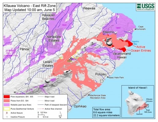 Lava flow map of Kilauea eruption in Hawaii.