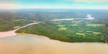 Aerial view of the Keweenaw Waterway and surrounding countryside.