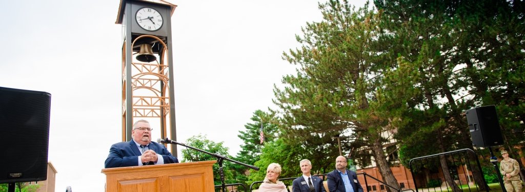 William J. Bernard Jr. Addresses the crowd at the dedication of the Bernard Family Clock Tower on Aug. 2. In addition to the tower, a gift from the Bernard Family established the William J. Bernard Jr. Family Endowed Scholarship Fund.