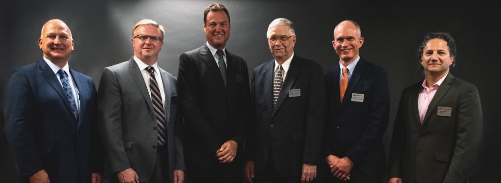 The 2018 inductees into the Department of Electrical and Computer Engineering Academy at Michigan Technologicall University are, from left, Jeffery W. Feldt '84, Jon E. Jipping '91,  Michael A. Pulick '86, Dennis Wiitanen '63, Paul W. Juodawlkis '86 and Arjang Roshan-Rouz '92. Inducted posthumously was Mark Rick '80, who was represented by his wife, Laura (not pictured).