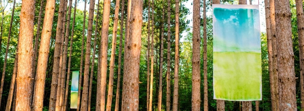 Two painted banners hang in pine trees.