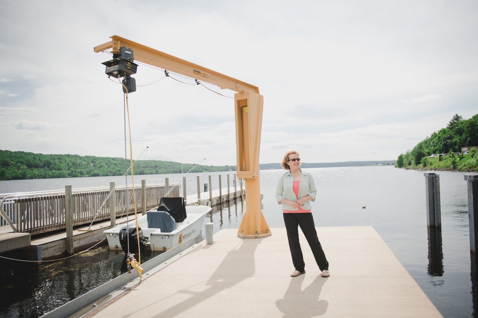 Environmental historian Nancy Langston on the dock at Michigan Tech Tech's Great Lake Research Centerâ€”GLRC is home base for the 2018 State of Lake Superior Conference.