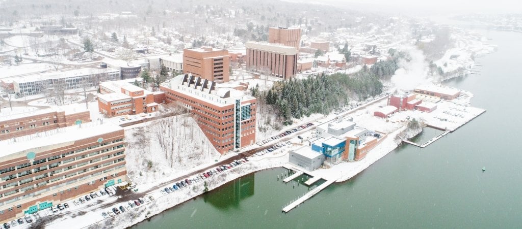 Drone image of Michigan Tech campus in winter