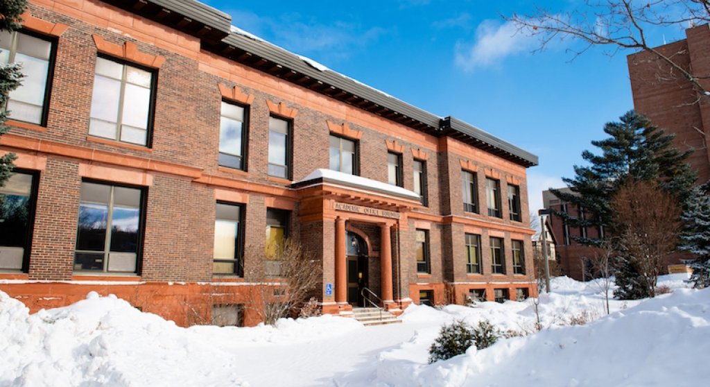 Exterior of the Administrative Offices Building in winter. 