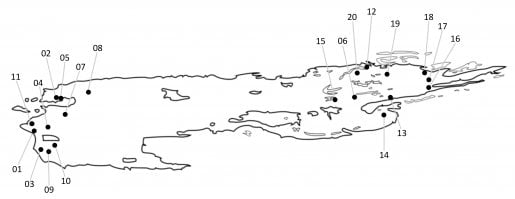 A map showing the outline of Isle Royale with the locations of the 20 collared cow moose labeled with points.