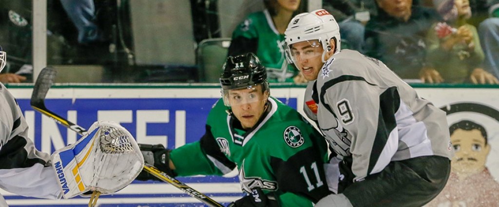 From left, former Michigan Tech teammates Joel L'Esperance and Mitch Reinke play against against each other in an AHL game earlier this season. The former Huskies are still alive in the Stanley Cup Playoffs. (Photo courtesy of the Texas Stars)