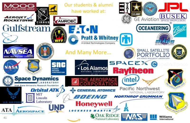 Sticker with companies Michigan Tech students and alumni have worked at including moog, gulfstream, spacedynamics, orbital atk, MIT, US AF, UNP, Lockheed, amazon, Oak Ridge, SpaceX, Raytheon, GE Aviation, BUSEK, Eaton, AMRDEC, Boeing, Honeywell, Williams International, Ball, MARS, Capella Space, Sandia National laboratories, Enpulsion, AMRDEC, Astronautics Corp. Orbion, Space Dynamics Laboratory, NASA