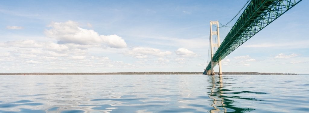 The Mackinac Bridge as it crosses the Straits of Mackinac.