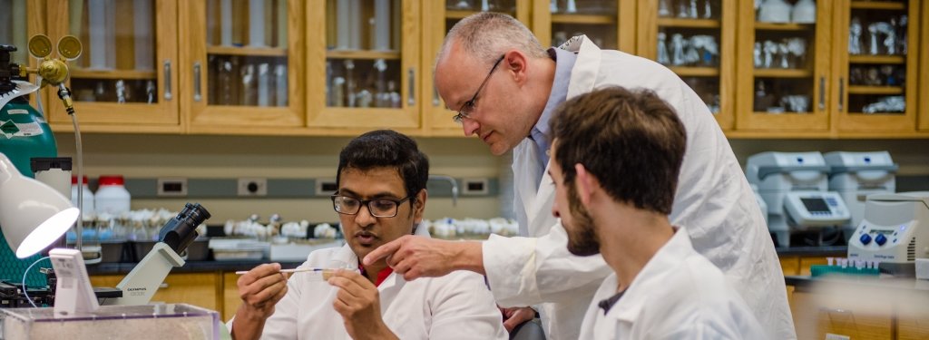 Thomas Werner and students in fruit fly lab.