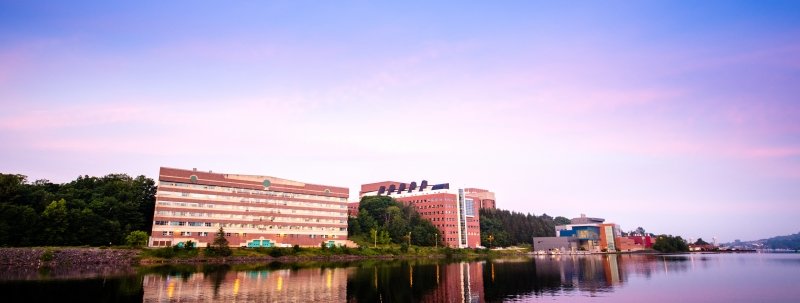 Michigan Tech's campus at sunrise along the Keweenaw Waterway.