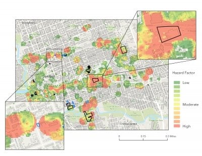 A map of industrial hazards in London, Ontario in 1915. The map highlights areas of town with greater concentrations of industrial hazards than others.