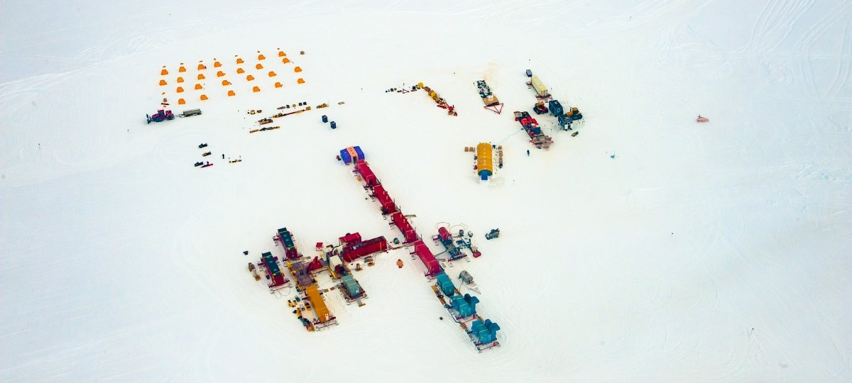 drone photo of camp set up on ice