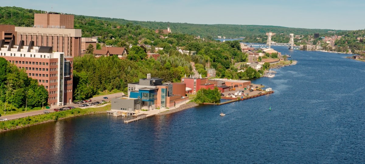The Michigan Tech campus as seen from the Keweenaw Waterway.