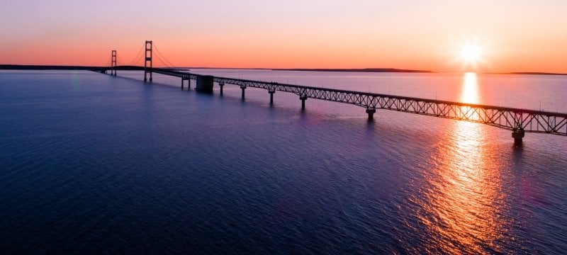 The Mackinac Bridge at sunset.