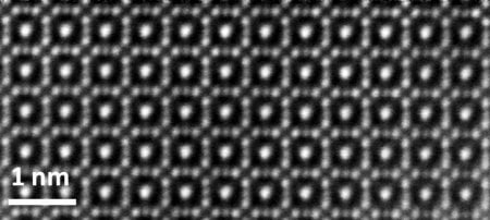 This scanning transmission electron microscope (STEM) scan shows the regular crystalline arrangement of iron garnet films.