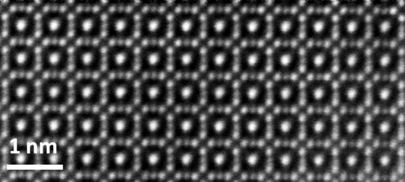 A scanning transmission electron microscope image of the crystalline arrangement of iron garnet films.