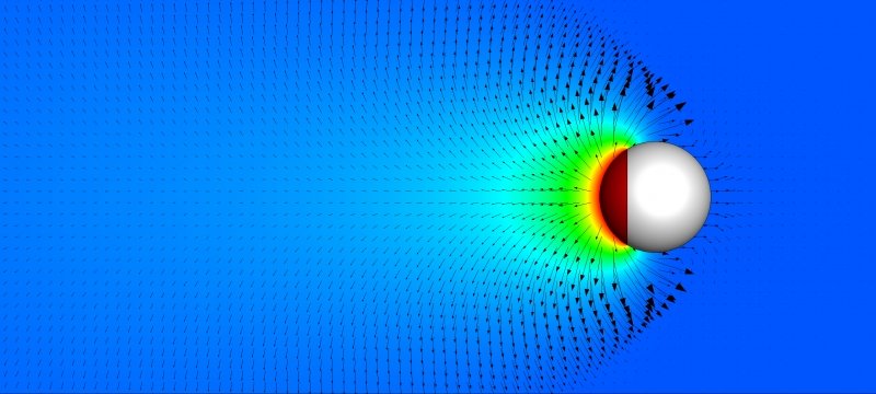 A round object seems to move through the field that surrounds it in a graphic depiction of surface tension propulsion. Arrows point away from the object to show surface tension.