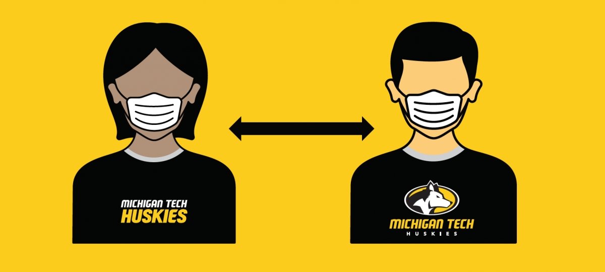 Be smart, do your part: Wear a mask, keep your distance, wash your hands, travel wisely. illustration of two people in masks