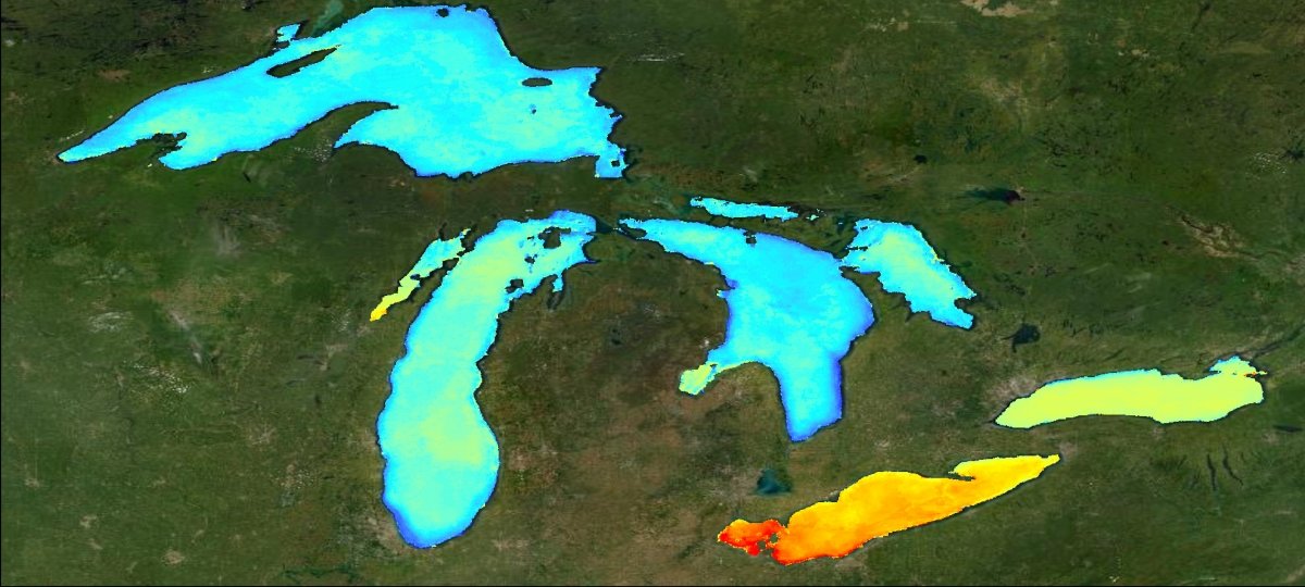 A satellite image of the Great Lakes with different colors across the lakes to show lake production values.