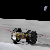 Rendered drawing of a lunar rover driving on the surface.