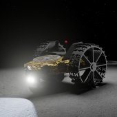 Rendered drawing of a lunar rover with it's light shining.