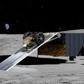 Rendered drawing of a lunar rover being deployed on the surface.