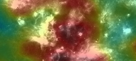 A 24 micrometer infrared map from the Cocoon region with Spitzers MIPS overlaid with a gamma-ray significance map from HAWC (greenish-yellow to red indicate higher gamma-ray significance). The map is centered at Cocoon with about 4.6 degrees in x and y direction. Image Credit: Binita Hona