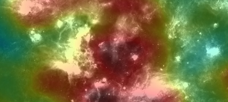 An infrared image that uses color to depict gamma rays detected by the HAWC observatory.