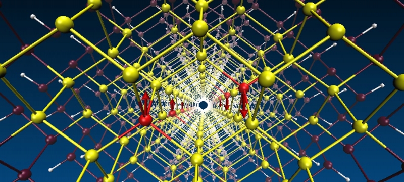 A diagram of a nanowire cross-section shows the interaction between atoms in the nanowire core. Yellow atoms: germanium; red atoms: chromium; purple atoms around the outside of the yellow-red connections: silicon shell.