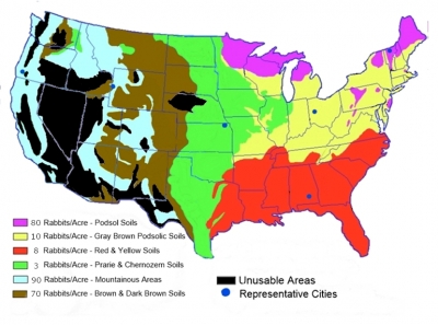 Map of U.S. regions by soil type and rabbit production potential; mountainous areas, Northeast and the Midwest have the highest production rates; deserts have no production; most of the south and driest parts of the prairie states have low production.