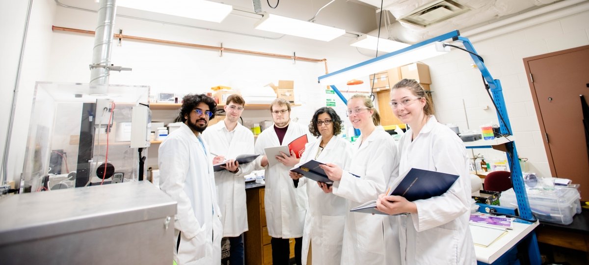 Biomedical engineering major Pavitra Attanayake helped establish a peer mentoring program for first- and second-year BME students to improve overall student success and give back to the MTU community. Six biomedical engineering researchers smile for the camera