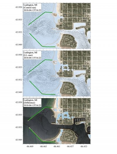 A three-image model of the Ludington meteotsunami in 2018, which shows how the water overtopped the breakwater and flooded parts of the city.
