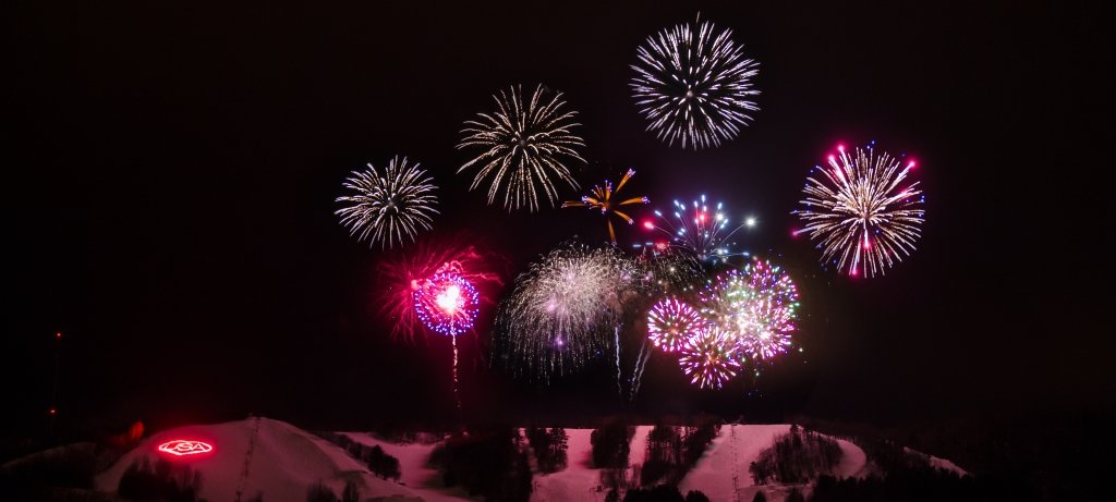 Fireworks fill the sky above Mont Ripley Ski Hill in 2016 during Michigan Tech Winter CarnivaL