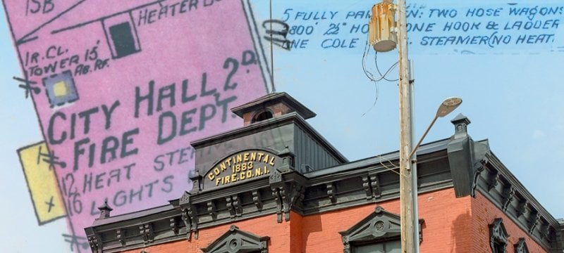 Collage of present photos, historical photos, and historical maps of Continental Fire Company Building in Houghton