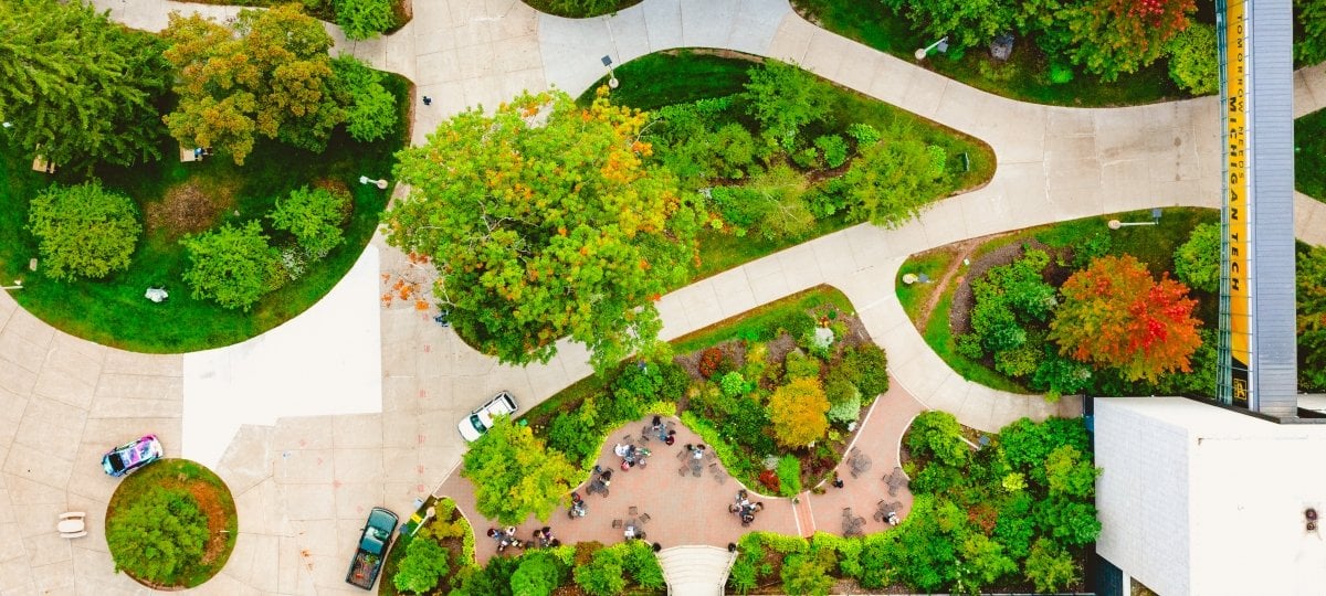 Campus aerial above library patio