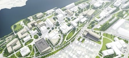 A birdâ€™s-eye rendering of Michigan Techâ€™s new campus master plan.