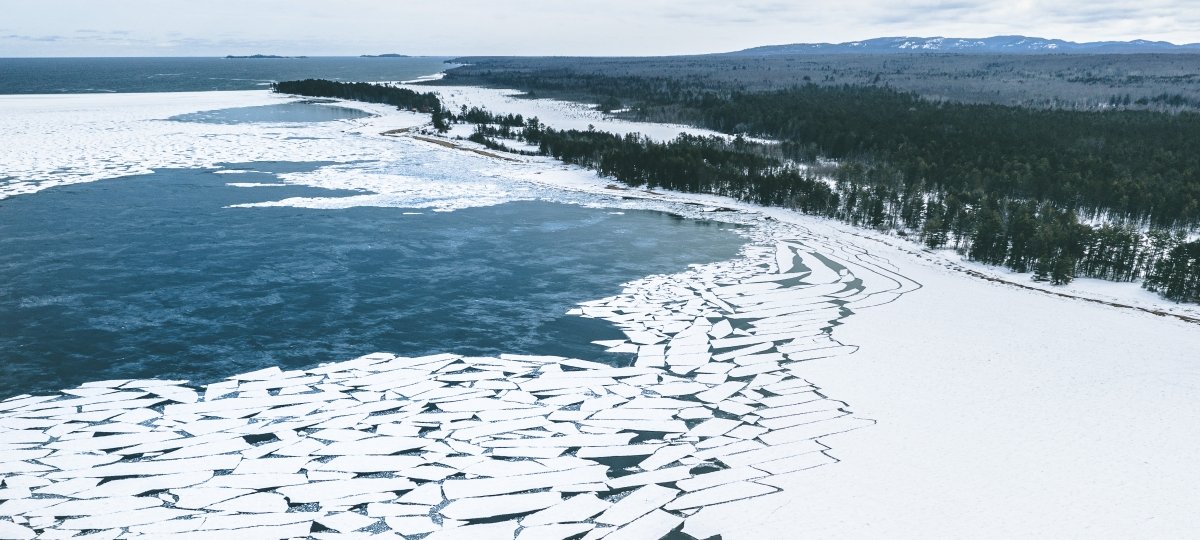 Ice breakup on Lake Superior’s Huron Bay, where teams from MIT and the GLRC recently conducted research on ice fracturing. Huron Bay ice breakup