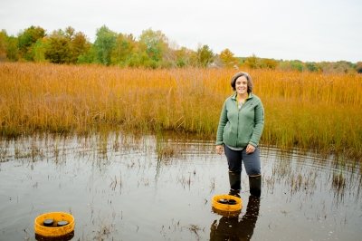 Amy Marcarelli stands in wetlands doing research. 