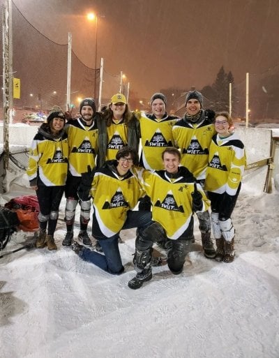 MTU's midyear undergraduate commencement speaker Aerith Cruz with the broomball team that's one of her favorite Michigan Tech memories.