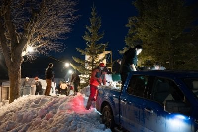 TKE working on their first-place snow statue during Winter Carnival 2024 all-nighter.