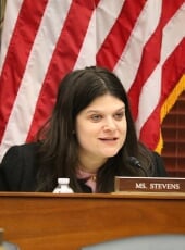 Representative Haley Stevens addressed the assembled experts from a lectern.