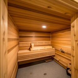 Sauna in East Hall with bench seating.