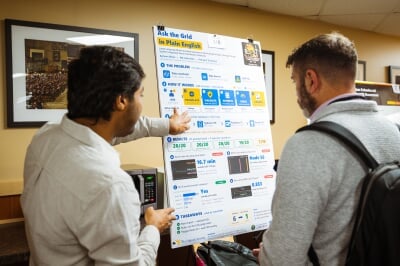 A student shows his poster on 'Ask the Grid in Plain English' to an attendee.