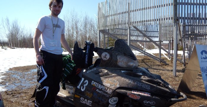 North Dakota State's Derek Pokrzywinski completes the 2010 Clean Snowmobile Challenge Endurance Run