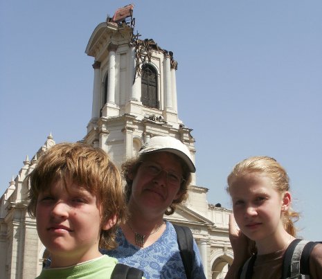 Chile Earthquake Sam Wallace, Susanna Peters, and Cecilia Wallace in front of the Iglesia de la Divina Providencia in Santiago.