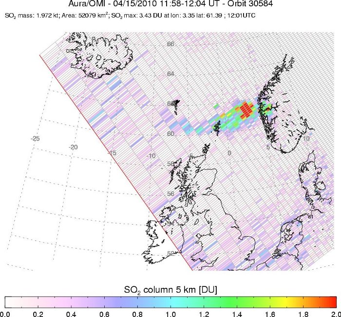 This image shows the sulfur dioxide content of the Iceland volcano's plume.